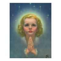 Fille blonde angélique avec halo et étoiles priant