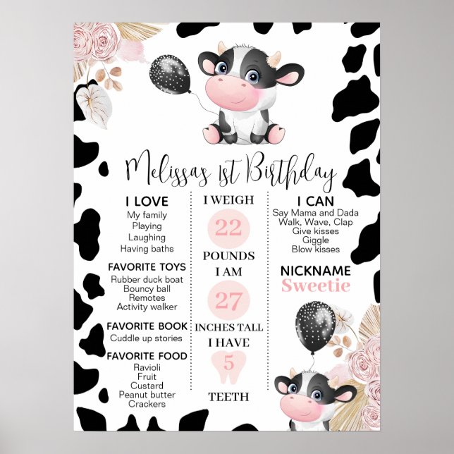 Poster Fille Boho Vache florale 1er anniversaire Jalon (Devant)