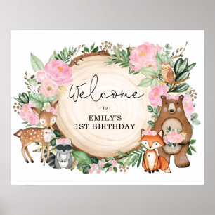 Poster Fille Bois Animaux Rose Floral Anniversaire Bienve