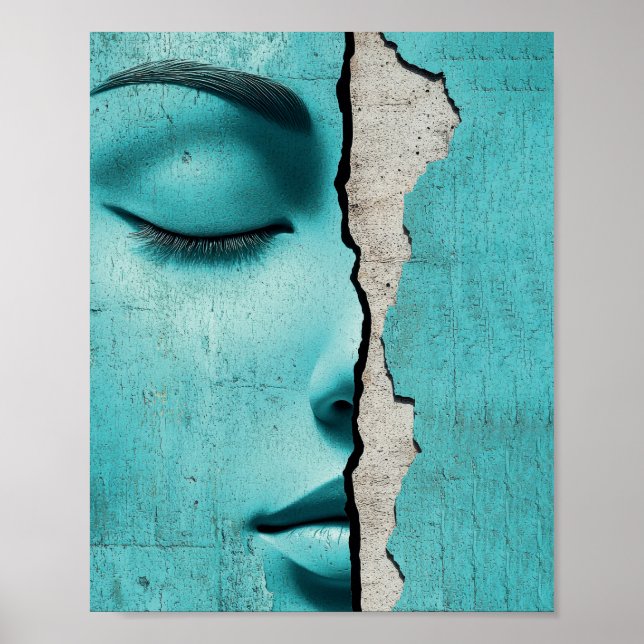 Poster Fille cachée derrière un mur de menthe fissuré (Devant)