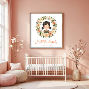 Poster Fille charmante avec couronne circulaire de roses 