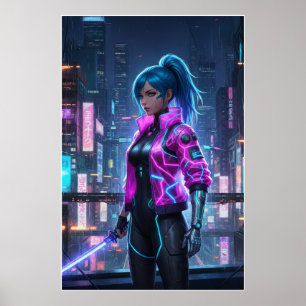 Poster Fille Cyberpunk Néon Guerrière de la ville futur