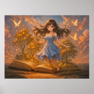 Poster Fille d'anime aux pouvoirs de livre magique