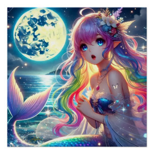 Poster Fille d'anime chantant clair de lune pixie mermaid