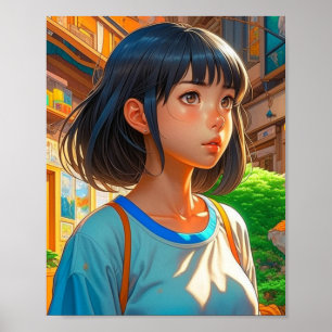 Poster Fille d'anime dans la ville Arts colorés