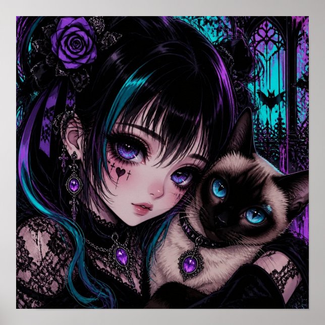 Poster Fille d'anime gothique emo & chat (Devant)