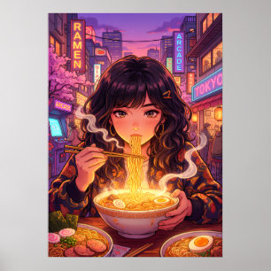 Poster Fille d'anime mangeant du Ramen dans la rue de la