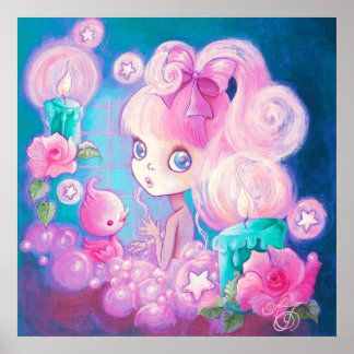 Poster Fille dans Bain de Bubblebath avec bougies et Rose