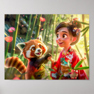 Poster Fille de bande dessinée avec un panda roux dans un
