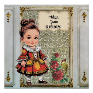 Poster Fille de caricature habillée en espagnol vintage