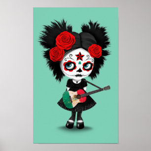 Poster Fille de crâne de sucre jouant la guitare de