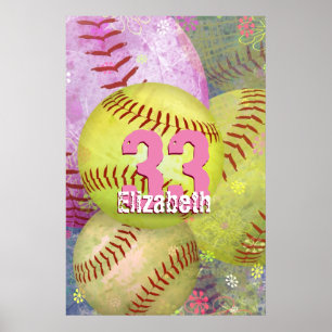 Poster Fille de softball grungy jaune rose