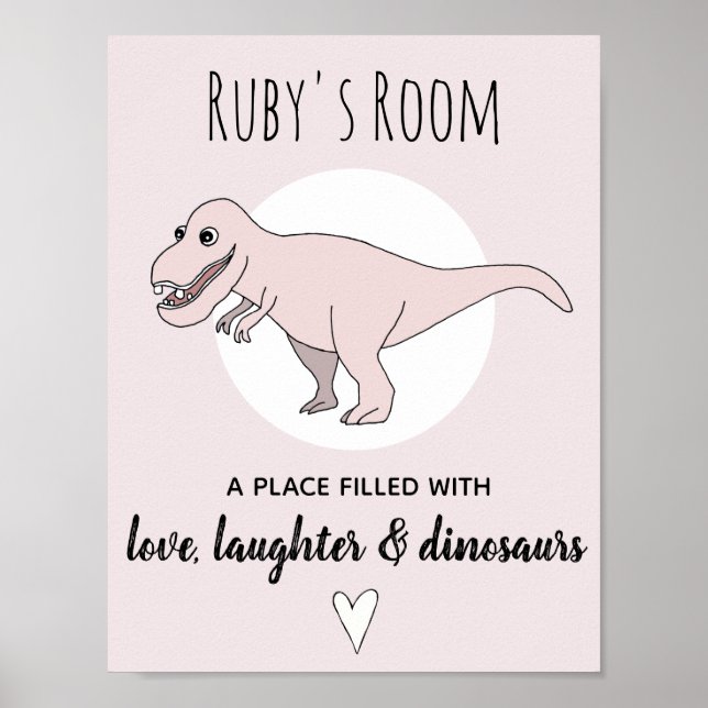 Poster Fille Doodle Dinosaure Rose T-Rex Prénom Nurserie (Devant)