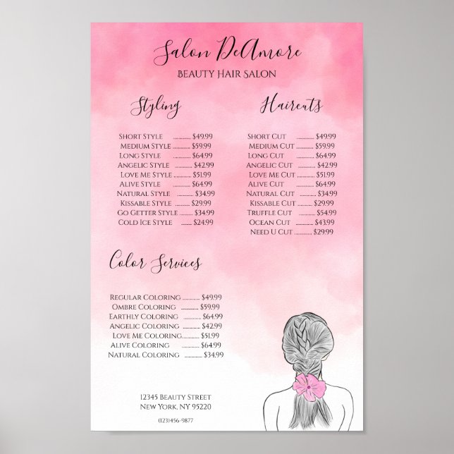 Poster Fille du menu de service avec tresse aquarelle ros (Devant)