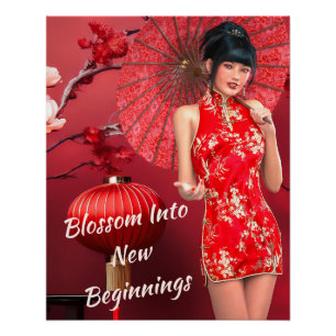 Poster Fille du Nouvel An chinois avec un parapluie rouge