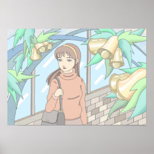 Poster Fille écoutant le son des cloches.