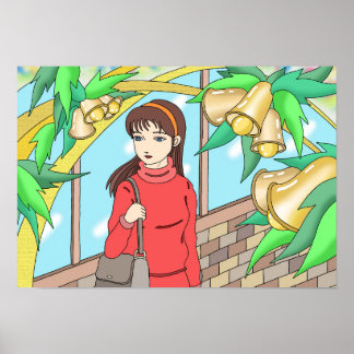 Poster Fille écoutant le son des cloches.