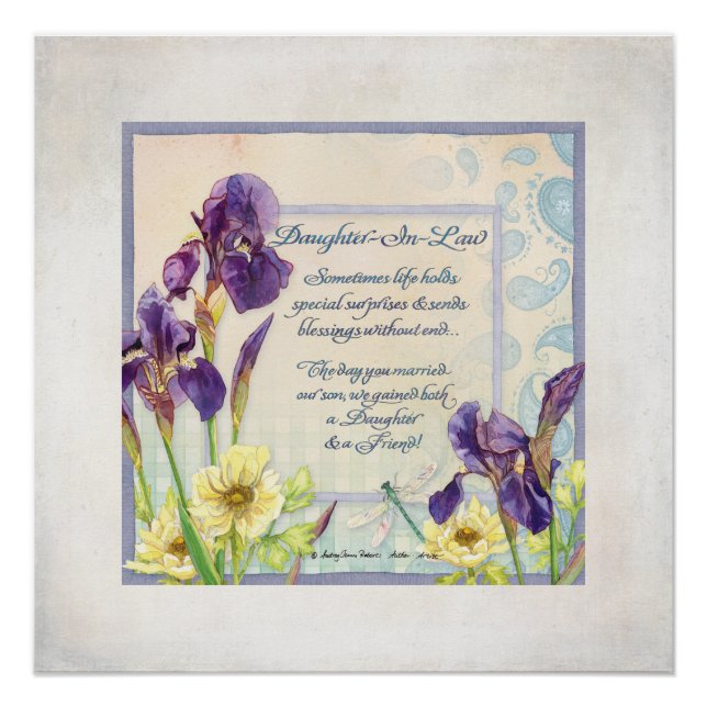 Poster Fille en droit Calligraphie Poème Iris Aquarelle (Devant)