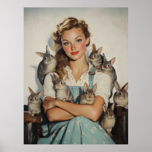 Poster Fille entourée de lapins