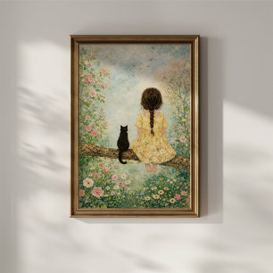 Poster Fille et chat dans un jardin printanier