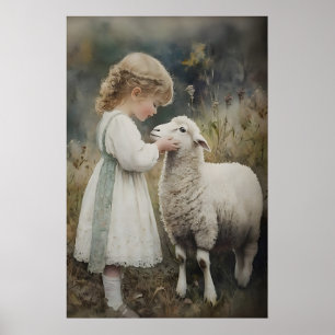 Poster Fille et mouton imprimé, agneau de Pâques Village