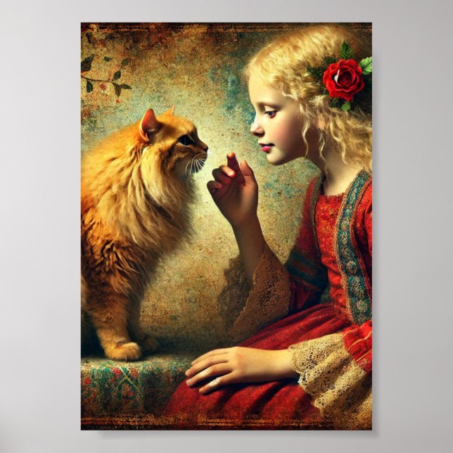 Poster Fille et Orange Tabby Cat Mur Art, Antique (Devant)
