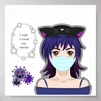 Poster Fille et virus. Style manga