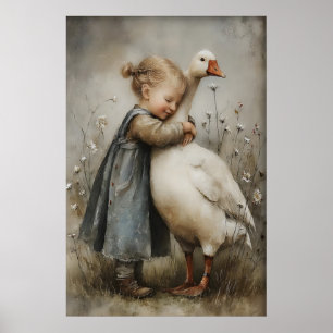 Poster Fille étreignant l'amour d'oie imprimable, Rustiqu