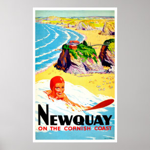 Poster Fille faisant du surf sur la plage de Newquay, Cor
