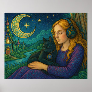 Poster Fille Fantaisiste avec Chat Noir sous le Croissant