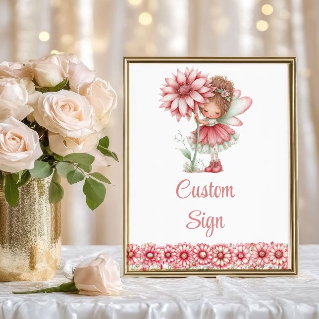 Poster Fille Fée Capricieuse Anniversaire Floral Fard Rou (Whimsical Fairy Girl Blush Floral Birthday Custom Sign

)