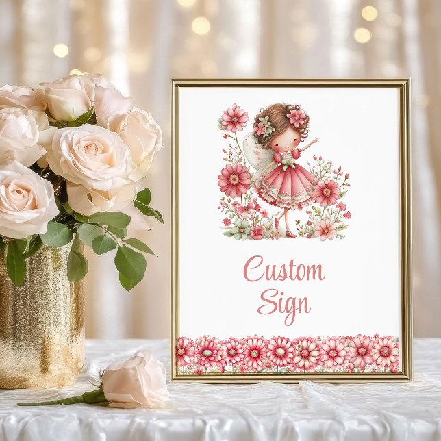 Poster Fille Fée Magique Anniversaire Floral Rouge aux Jo (Magical Fairy Girl Blush Floral Birthday Custom Sign

)