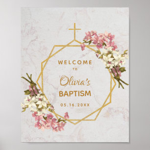 Poster Fille Fleurie Baptême Marbre Doré Orchidées Bienve