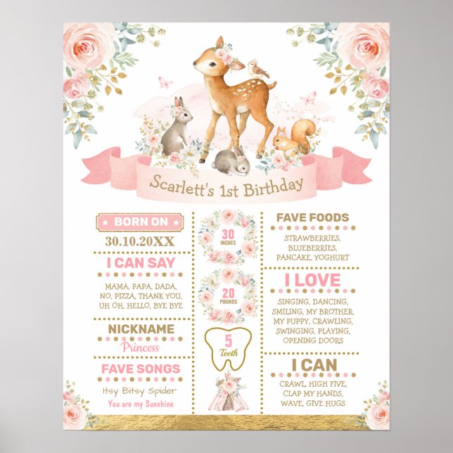 Poster Fille Floral Bois Cerf Anniversaire Chalkboard (Devant)