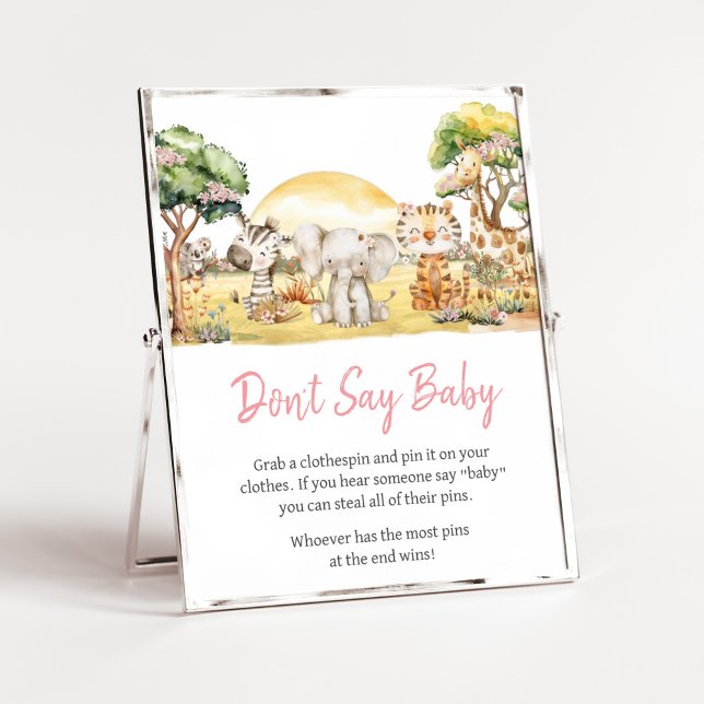 Poster Fille Floral Jungle Safari Animaux ne pas dire béb (Girl Safari Animals Baby Shower Don't Say Baby Sign)