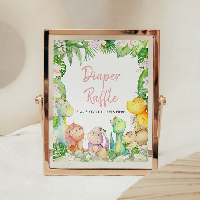 Poster Fille Florale Dinosaure Baby shower Déchets Raffle (Greenery Dinosaur Baby Shower Diaper Raffle Sign)