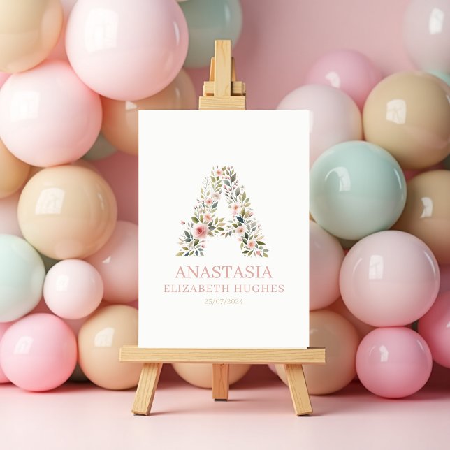 Poster Fille Florale Nom Personnalisé et Date de Naissanc (Baby Girl Floral Personalised Name and Birthdate Poster )