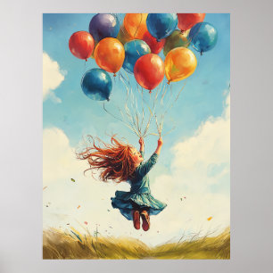 Poster Fille flottante avec ballons