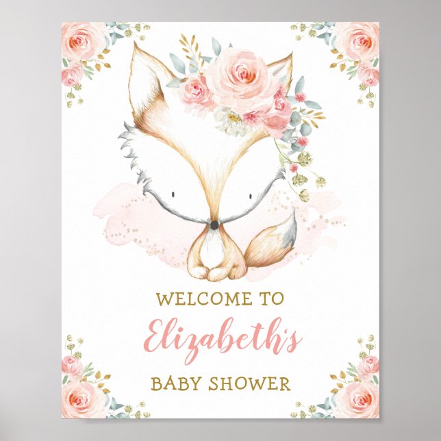 Poster Fille Fox Aquarelle Blush rose Baby shower Floral (Devant)