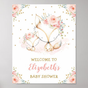 Poster Fille Fox Blush rose Baby shower Floral Bienvenue