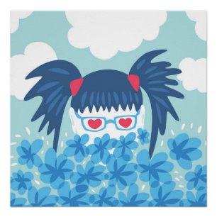 Poster Fille geek Aux Cheveux Bleus Et Fleurs