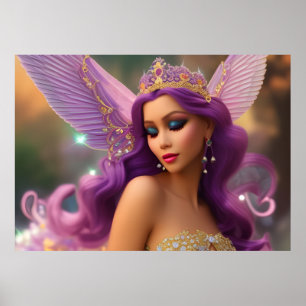 Poster Fille hispanique fantaisiste papillon violet rose 
