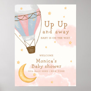 Poster Fille Hot Air Balloon Moon Star Baby shower Bienve