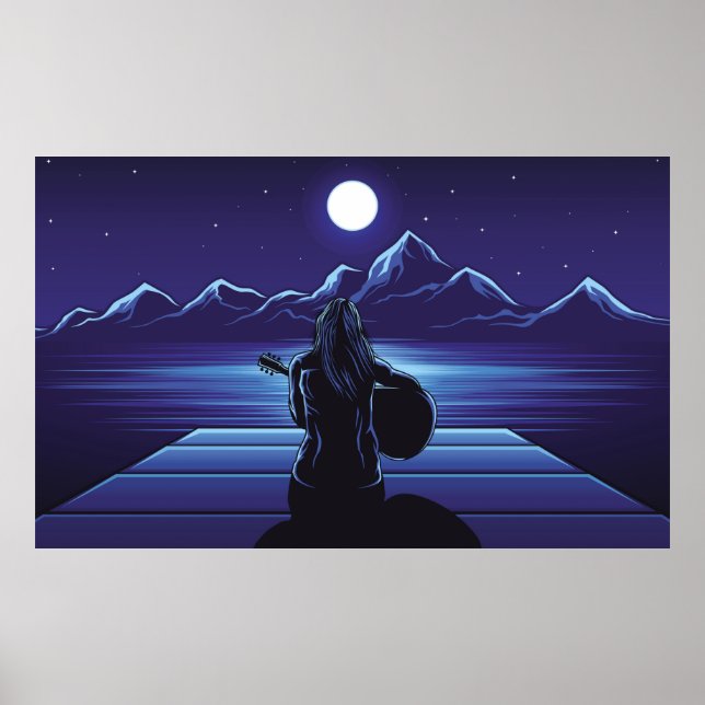Poster Fille jouant de la guitare de nuit, fille, ciel, a (Devant)