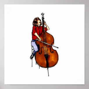 Poster Fille jouant orchestre basse chemise rouge
