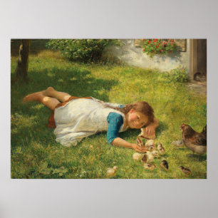 Poster Fille Jouer avec des poules (poule et poulet)