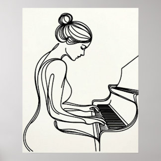 Poster Fille Jouer le piano - Line Art