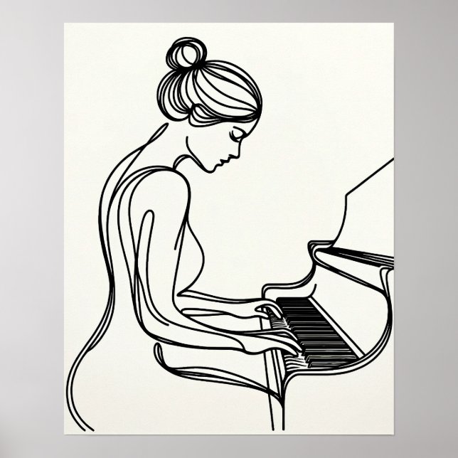 Poster Fille Jouer le piano - Line Art (Devant)