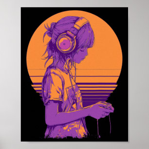 Poster Fille joueuse de jeux vidéo d'anime rétro