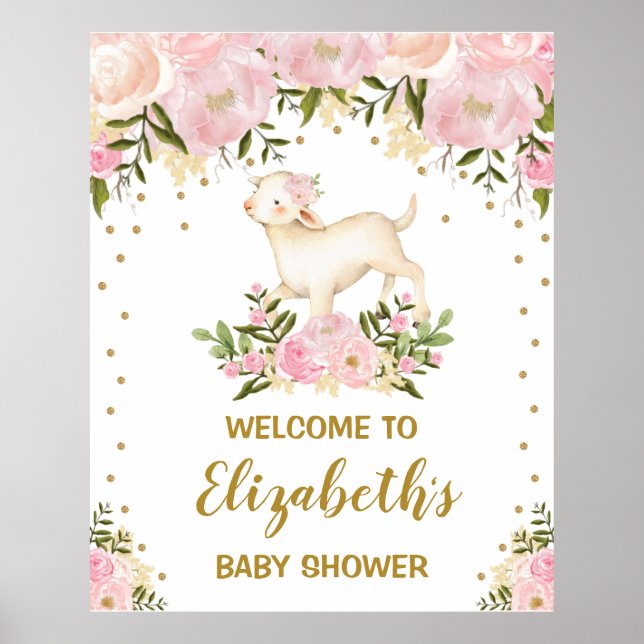 Poster Fille Lamb Mouton rose Blush Baby shower floral (Devant)